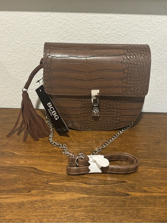 BCBG Handbags - BCBG Brown Croc-Embossed Crossbody with Tassel and Chain